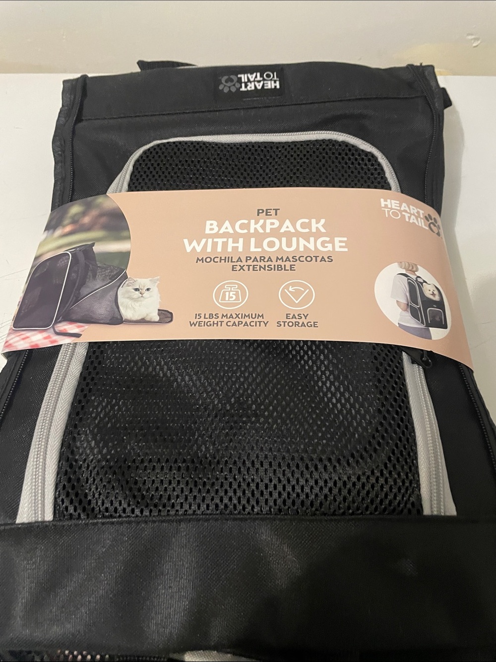 Heart to Tail Black Pet Backpack with Lounge